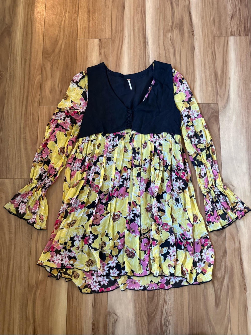 Free People Alice Yellow and Pink Floral Long Sleeve Mini Dress w Vest Size XS